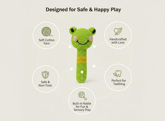 Handmade Crochet Frog Baby Rattle Toy – Soft Amigurumi Plush Teether for Newborns & Infants – Safe Cotton Yarn, Developmental Sensory Toy, Baby Shower Gift