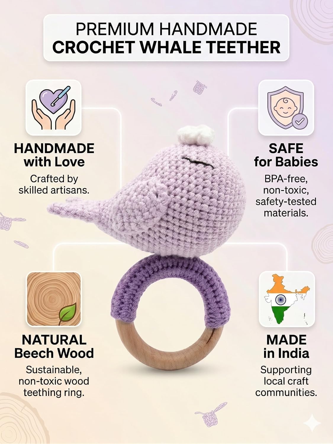 Handmade Crochet Whale Baby Rattle Toy with Natural Beech Wood Ring | Soft Amigurumi Infant Teether for Newborns & Toddlers | Montessori Sensory Toy for Baby Boys & Girls