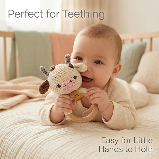 Handmade Crochet Cow Wooden Ring Rattle | Organic Baby Teether Toy | Amigurumi Cow Baby Gift