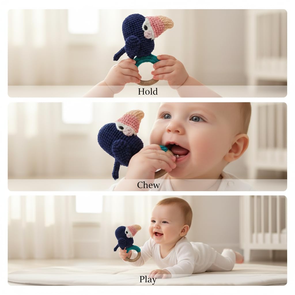 Handmade Crochet Baby Teether – Toucan Bird Rattle with Wooden Ring, Cotton Yarn, Soft & Safe for Teething Infants, Jungle Animal Sensory Toy, Baby Shower Gift