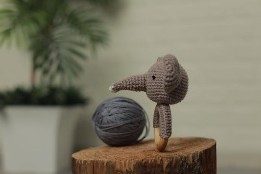 Handmade Crochet Elephant Wooden Ring Rattle | Organic Baby Teether Toy | Soft Amigurumi Baby Gift