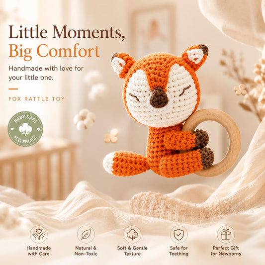 Handmade Crochet Fox Wooden Teether Rattle for Babies | Natural Wooden Ring | Soft Cotton Knitted Baby Toy | BPA Free Newborn Sensory Toy