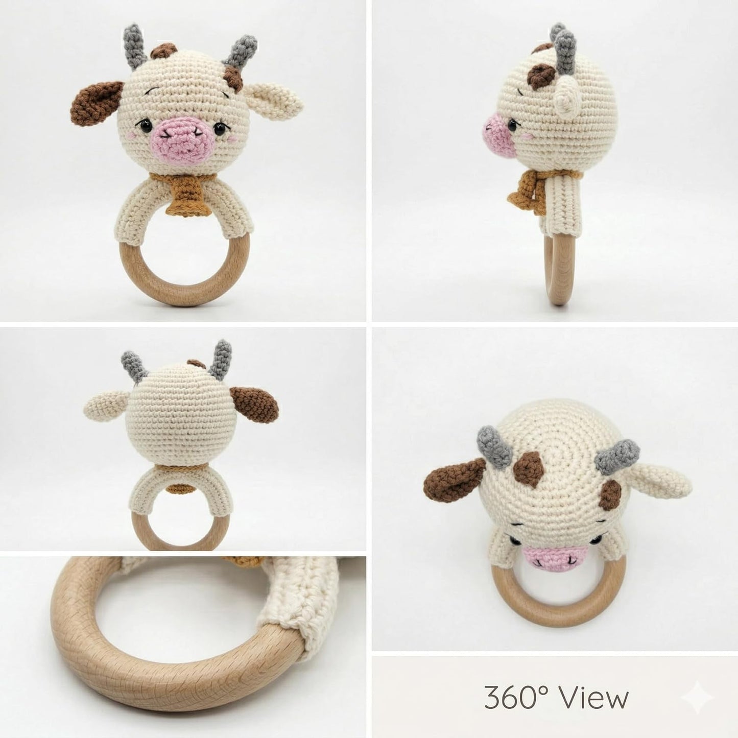 Handmade Crochet Cow Wooden Ring Rattle | Organic Baby Teether Toy | Amigurumi Cow Baby Gift