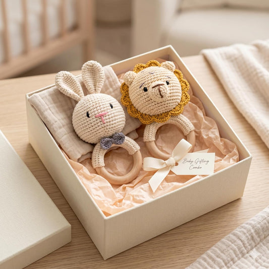 Handmade Crochet Bunny & Lion Wooden Teether Rattle Set for Babies | 2 Pcs Natural Beech Wood Ring | Soft Cotton Knitted BPA Free Baby Sensory Toys