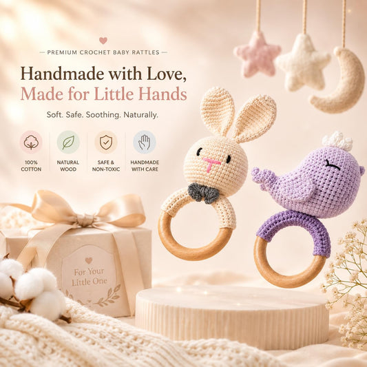 Handmade Crochet Bunny Wooden Teether Rattle for Babies | Natural Wooden Ring | Soft Cotton Knitted Baby Toy | BPA Free Infant Sensory Toy