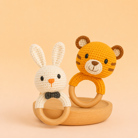 Handmade Crochet Tiger Baby Rattle Teether Toy with Natural Wooden Ring | Soft Sensory Montessori Toy for Newborns, Infants & Toddlers