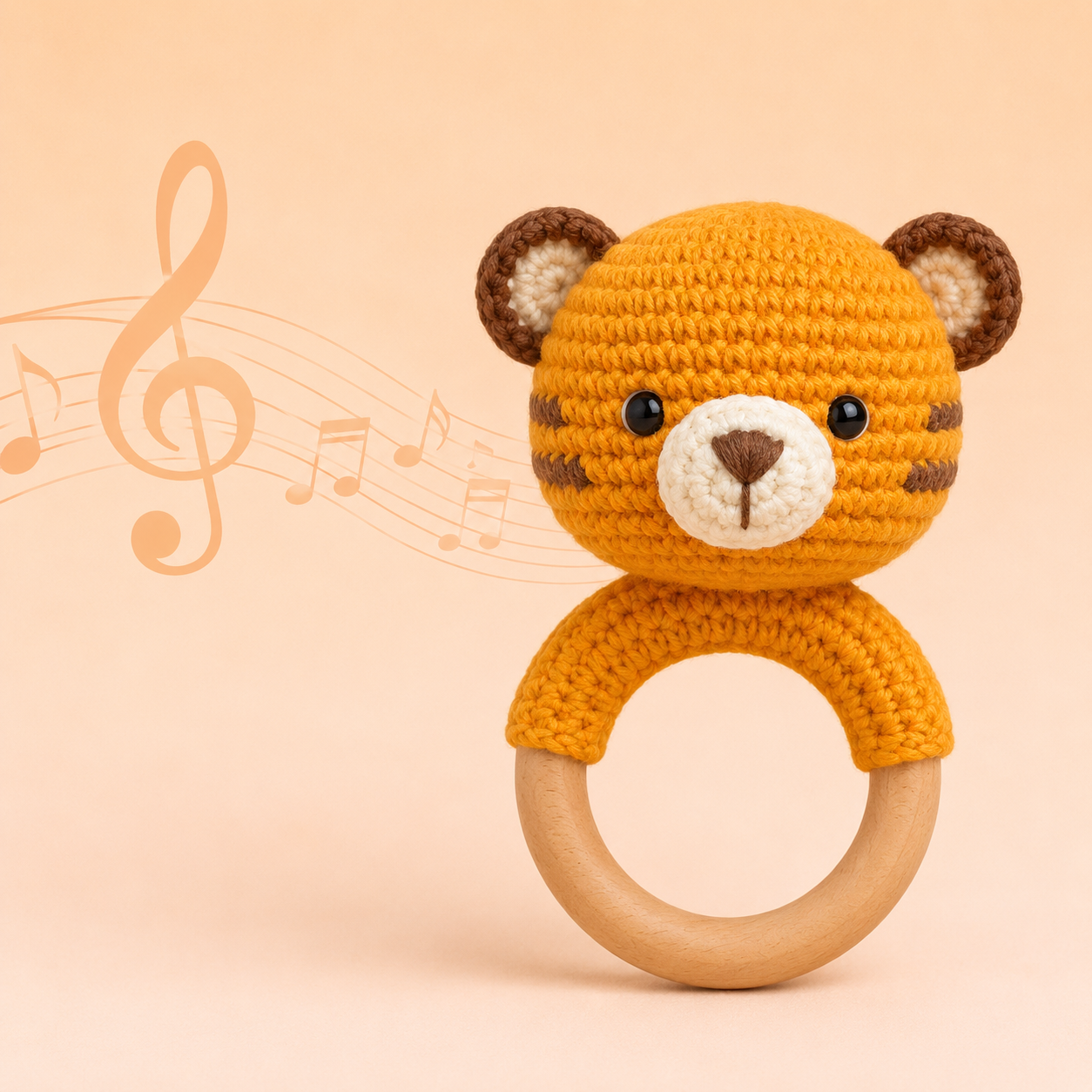 Handmade Crochet Tiger Baby Rattle Teether Toy with Natural Wooden Ring | Soft Sensory Montessori Toy for Newborns, Infants & Toddlers