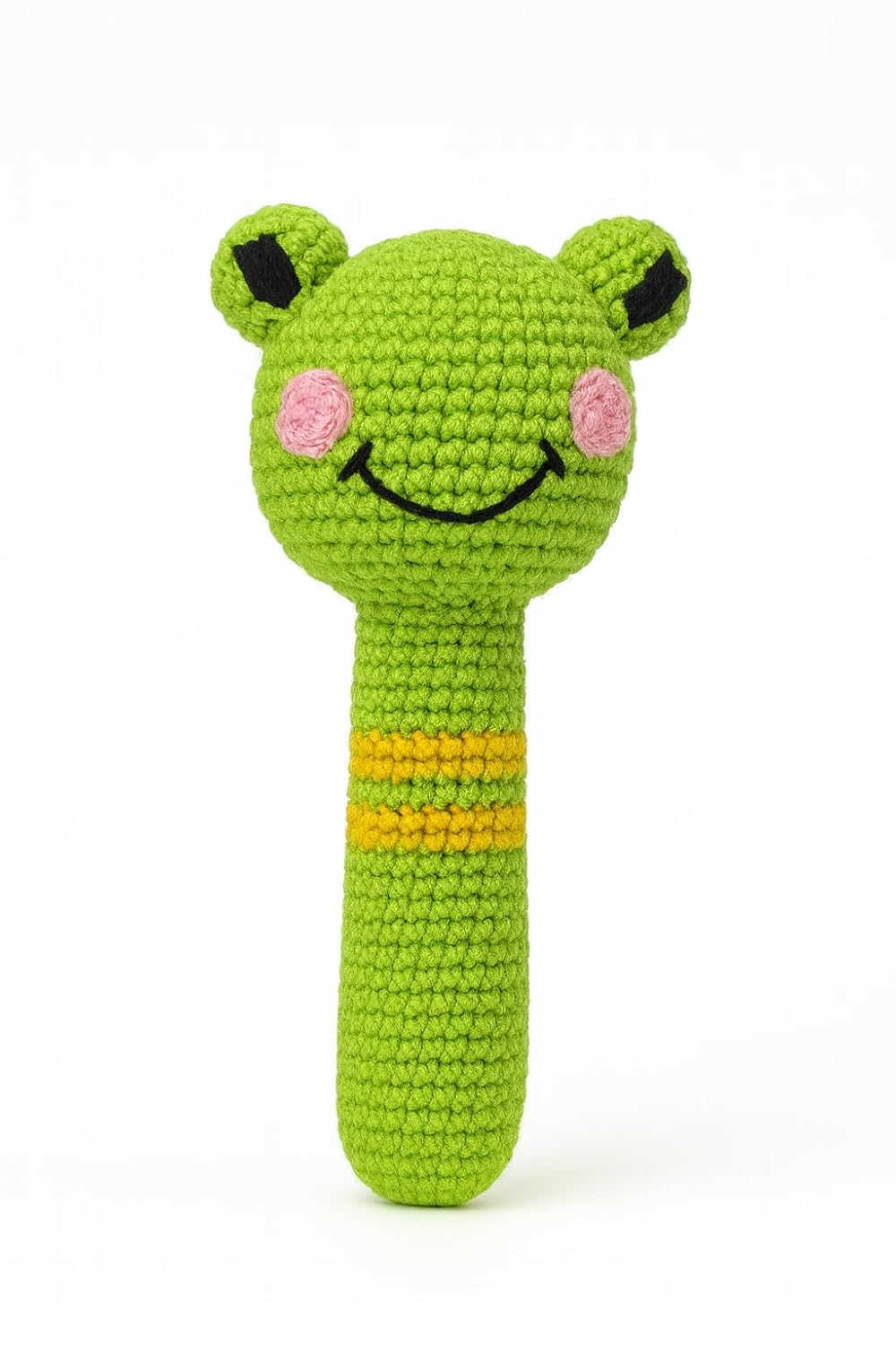 Handmade Crochet Frog Baby Rattle Toy – Soft Amigurumi Plush Teether for Newborns & Infants – Safe Cotton Yarn, Developmental Sensory Toy, Baby Shower Gift