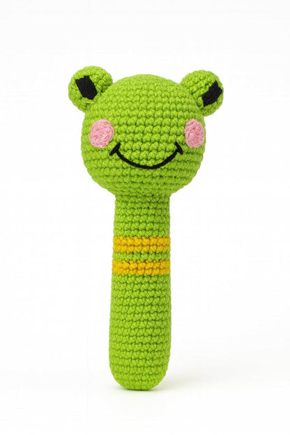 Handmade Crochet Frog Baby Rattle Toy – Soft Amigurumi Plush Teether for Newborns & Infants – Safe Cotton Yarn, Developmental Sensory Toy, Baby Shower Gift