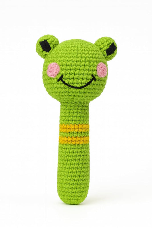 Handmade Crochet Frog Baby Rattle Toy – Soft Amigurumi Plush Teether for Newborns & Infants – Safe Cotton Yarn, Developmental Sensory Toy, Baby Shower Gift