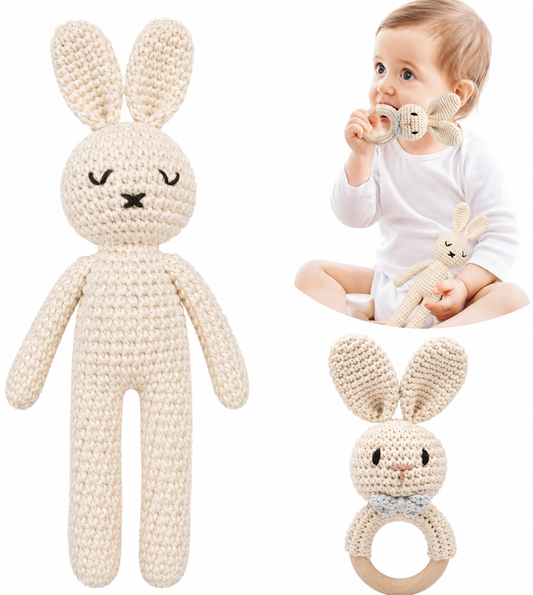 2PCS Handmade Crochet Baby Rattle & Plush Doll Set | Wooden Teether Ring Toy for Infants | Lion, Fox, Elephant & Bunny Design