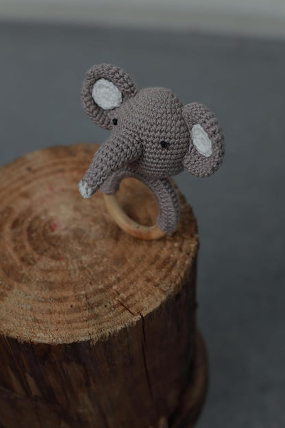 Handmade Crochet Elephant Wooden Ring Rattle | Organic Baby Teether Toy | Soft Amigurumi Baby Gift