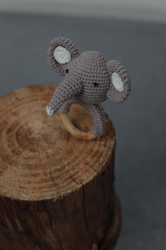 Handmade Crochet Elephant Wooden Ring Rattle | Organic Baby Teether Toy | Soft Amigurumi Baby Gift