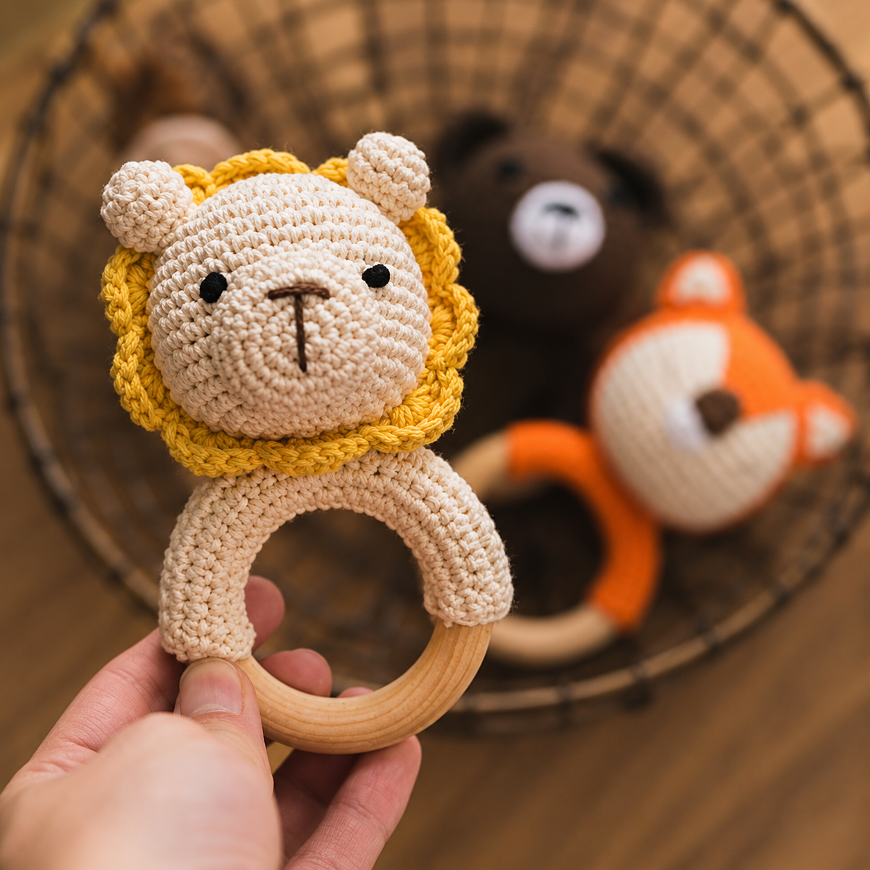 2PCS Handmade Crochet Baby Doll & Wooden Rattle Teether Set | Soft Animal Toy for Newborns & Infants