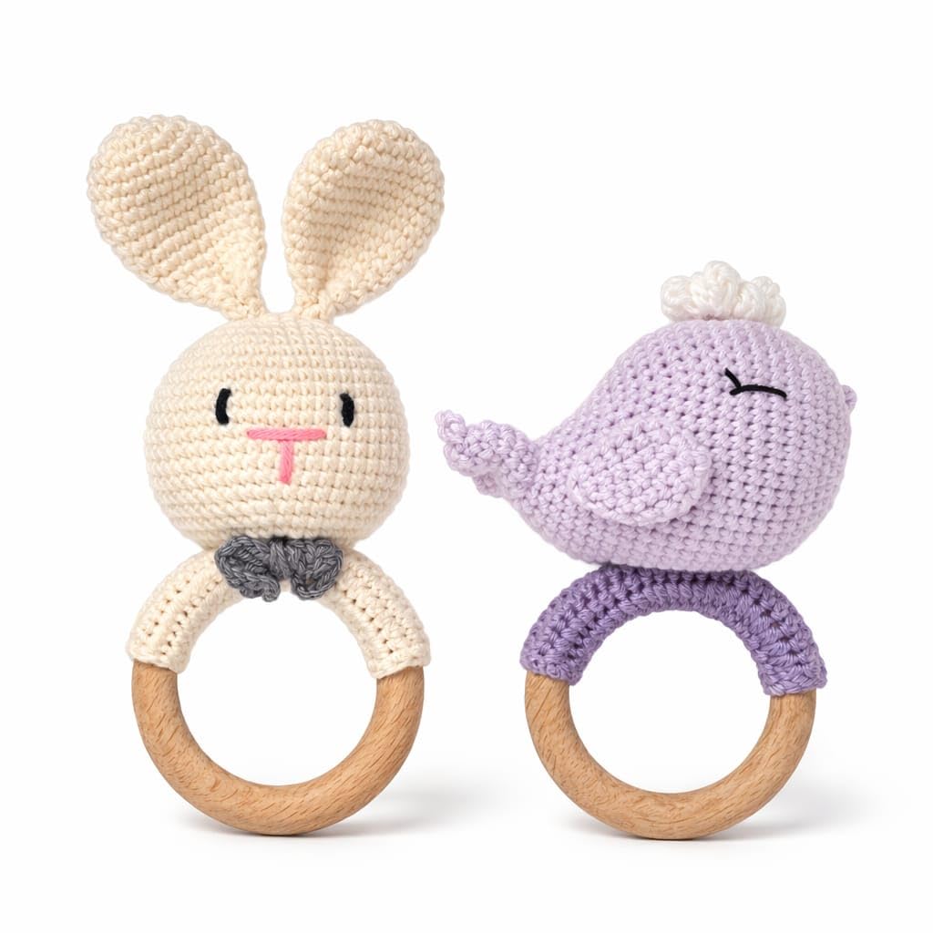 Handmade Crochet Bunny Wooden Teether Rattle for Babies | Natural Wooden Ring | Soft Cotton Knitted Baby Toy | BPA Free Infant Sensory Toy