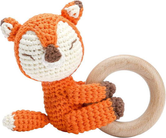Handmade Crochet Fox Wooden Teether Rattle for Babies | Natural Wooden Ring | Soft Cotton Knitted Baby Toy | BPA Free Newborn Sensory Toy