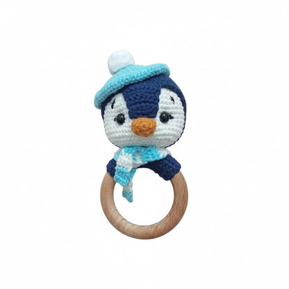 Handmade Crochet Penguin Wooden Ring Rattle | Organic Baby Teether Toy | Amigurumi Penguin Baby Gift