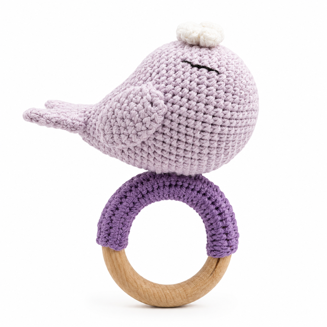 Handmade Crochet Whale Baby Rattle Toy with Natural Beech Wood Ring | Soft Amigurumi Infant Teether for Newborns & Toddlers | Montessori Sensory Toy for Baby Boys & Girls