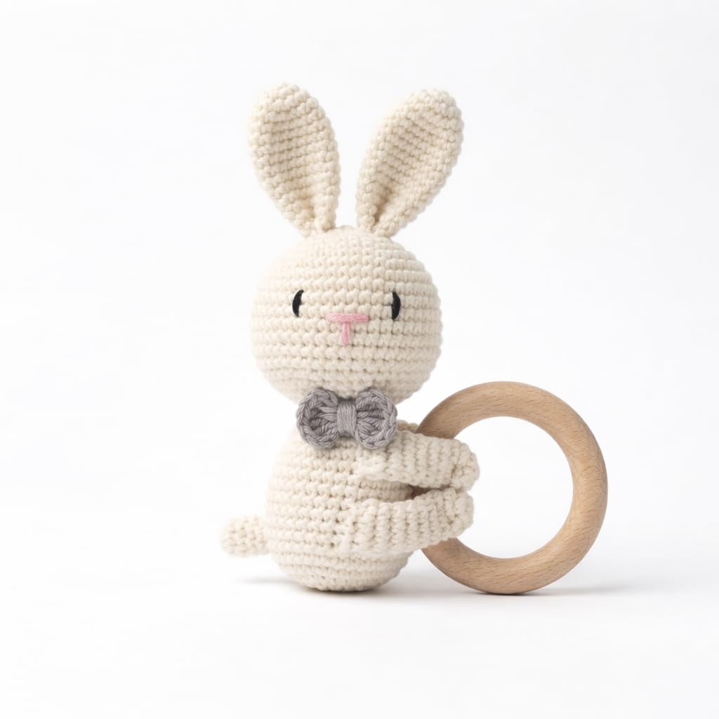 Handmade Crochet Bunny Wooden Teether Toy for Babies | Soft Cotton Knitted Rabbit with Natural Wooden Ring | BPA Free Baby Rattle & Sensory Toy