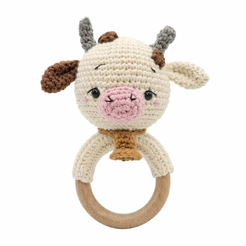 Handmade Crochet Cow Wooden Ring Rattle | Organic Baby Teether Toy | Amigurumi Cow Baby Gift