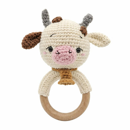 Handmade Crochet Cow Wooden Ring Rattle | Organic Baby Teether Toy | Amigurumi Cow Baby Gift