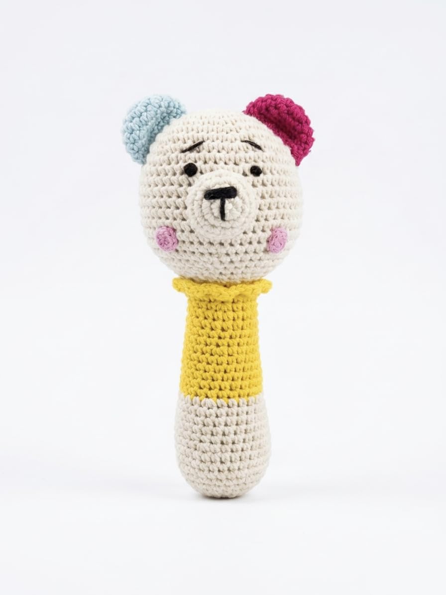 Handmade Crochet Bear Baby Rattle Toy | Soft Cotton Knitted Infant Sensory Toy | Made in India
