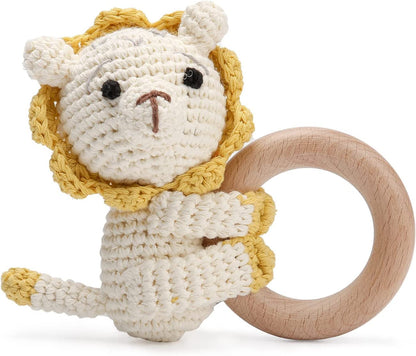 Wooden Baby Rattle Crochet Lion Baby Toys Handmade Newborn Toy Early Development Grips Stuffed Animal Organic Rattle (Lion)