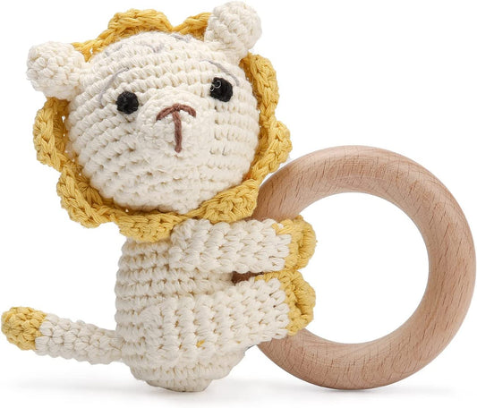 Wooden Baby Rattle Crochet Lion Baby Toys Handmade Newborn Toy Early Development Grips Stuffed Animal Organic Rattle (Lion)