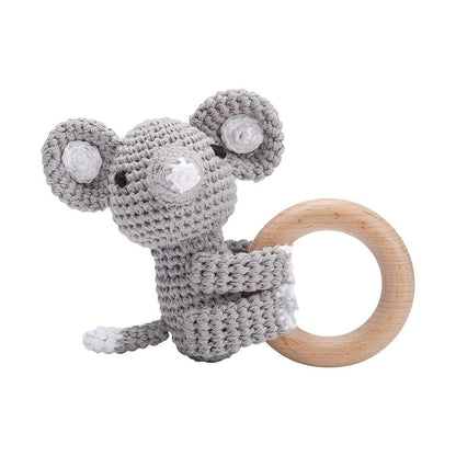 Handmade Crochet Mouse Wooden Ring Rattle | Organic Baby Teether Toy | Amigurumi Baby Gift