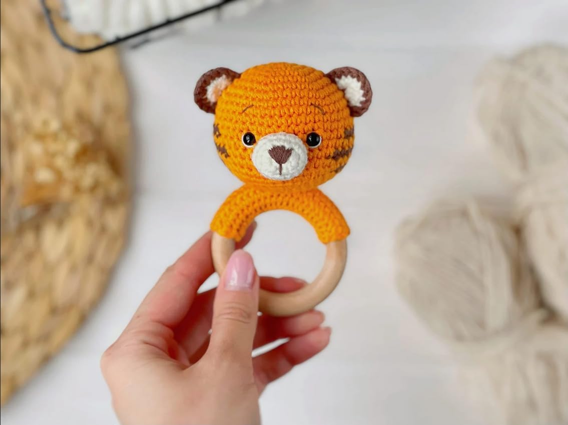 Handmade Crochet Tiger Wooden Teether Rattle for Babies | Natural Wooden Ring | Soft Cotton Knitted Baby Toy | BPA Free Infant Sensory Toy