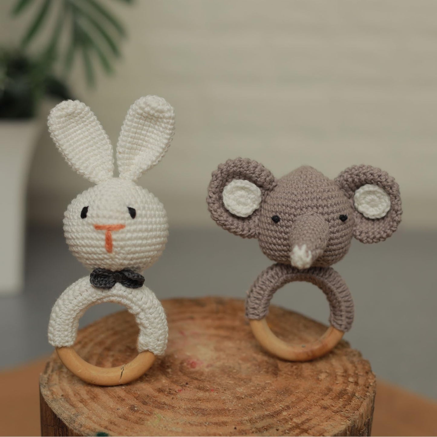 Handmade Crochet Bunny & Elephant Wooden Ring Rattle Set | Organic Baby Teether Toy | Amigurumi Baby Gift Set