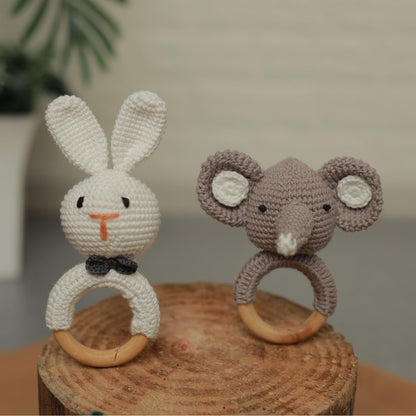 Handmade Crochet Bunny & Elephant Wooden Ring Rattle Set | Organic Baby Teether Toy | Amigurumi Baby Gift Set