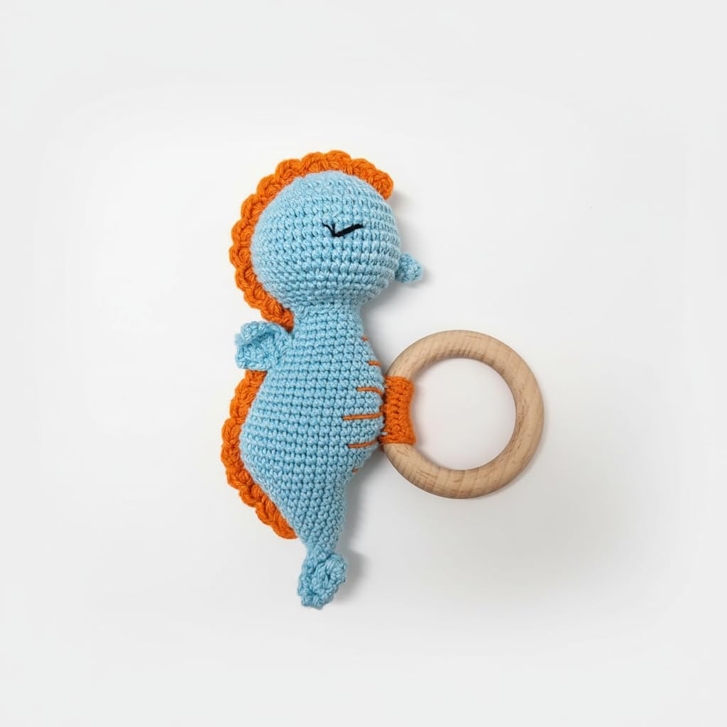 Handmade Crochet Baby Teether – Blue Seahorse Rattle with Wooden Ring, Cotton Yarn, Soft & Safe for Teething Infants, Ocean Animal Sensory Toy, Baby Shower Gift