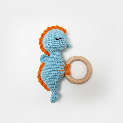 Handmade Crochet Baby Teether – Blue Seahorse Rattle with Wooden Ring, Cotton Yarn, Soft & Safe for Teething Infants, Ocean Animal Sensory Toy, Baby Shower Gift