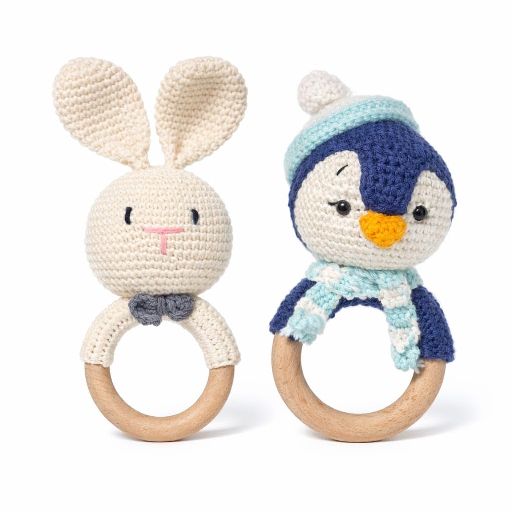 Handmade Crochet Bunny & Penguin Wooden Teether Combo | Baby Teething Ring Toy | Natural Wood Infant Chew Toy | Soft Knitted Newborn Rattle Teether | Organic Cotton Baby Gift Set (Pack of 2)