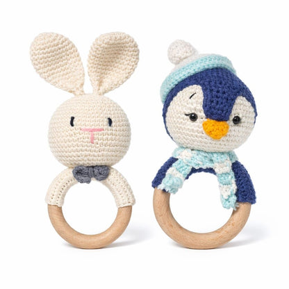 Handmade Crochet Bunny & Penguin Wooden Teether Combo | Baby Teething Ring Toy | Natural Wood Infant Chew Toy | Soft Knitted Newborn Rattle Teether | Organic Cotton Baby Gift Set (Pack of 2)