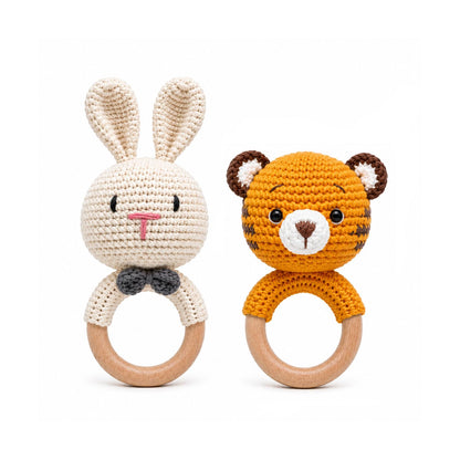 Handmade Crochet Bunny & Tiger Wooden Teether Rattle Set for Babies | 2 Pcs Natural Beech Wood Ring | Soft Cotton Knitted BPA Free Baby Sensory Toys
