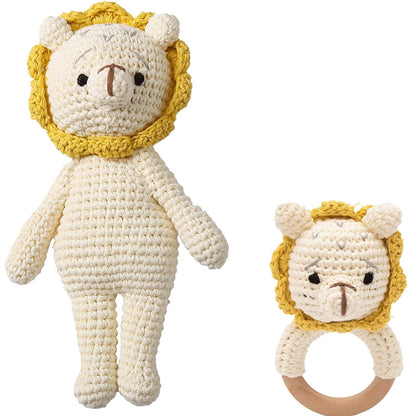 2PCS Handmade Crochet Baby Rattle & Plush Doll Set | Wooden Teether Ring Toy for Infants | Lion, Fox, Elephant & Bunny Design