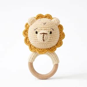 Handmade Crochet Lion Wooden Teether Rattle for Babies | Natural Wooden Ring | Soft Cotton Knitted Baby Toy | BPA Free Infant Sensory Toy