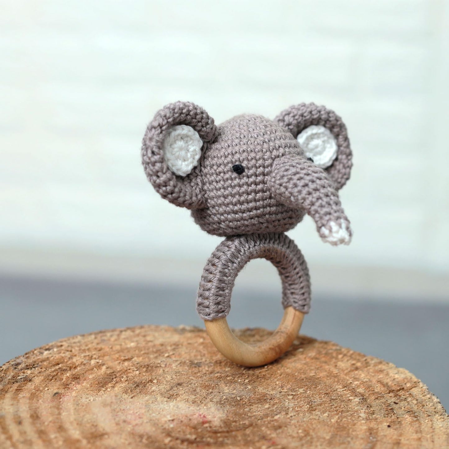 Handmade Crochet Elephant Wooden Ring Rattle | Organic Baby Teether Toy | Soft Amigurumi Baby Gift