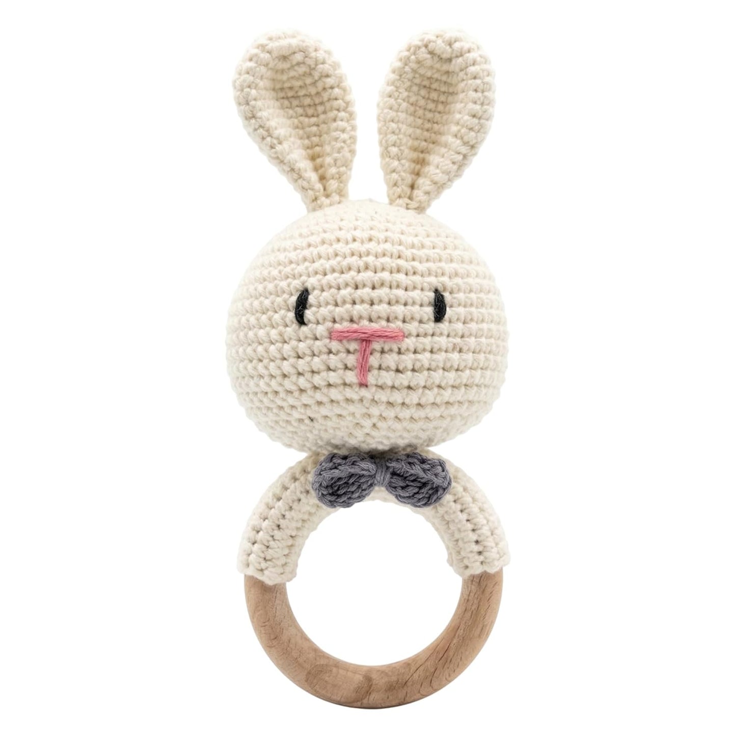 Handmade Crochet Bunny Wooden Teether Rattle for Babies | Soft Cotton Knitted Rabbit with Natural Beech Wood Ring | BPA Free Baby Sensory Toy