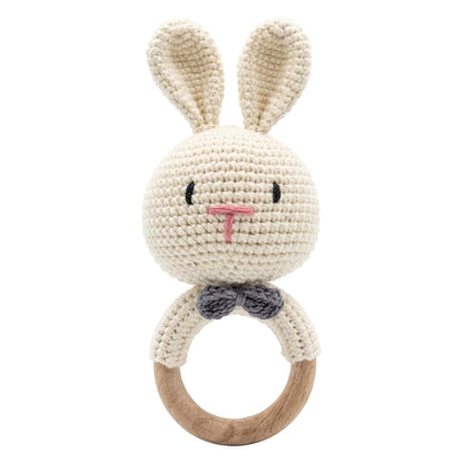 Handmade Crochet Bunny Wooden Teether Rattle for Babies | Soft Cotton Knitted Rabbit with Natural Beech Wood Ring | BPA Free Baby Sensory Toy