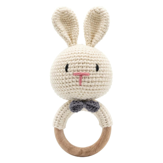 Handmade Crochet Bunny Wooden Teether Rattle for Babies | Soft Cotton Knitted Rabbit with Natural Beech Wood Ring | BPA Free Baby Sensory Toy