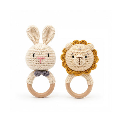 Handmade Crochet Bunny & Lion Wooden Teether Rattle Set for Babies | 2 Pcs Natural Beech Wood Ring | Soft Cotton Knitted BPA Free Baby Sensory Toys