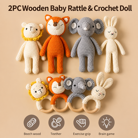 2PCS Handmade Crochet Baby Rattle & Plush Doll Set | Wooden Teether Ring Toy for Infants | Lion, Fox, Elephant & Bunny Design