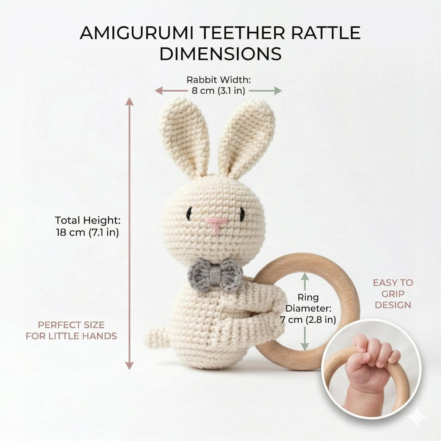 Handmade Crochet Bunny Wooden Teether Toy for Babies | Soft Cotton Knitted Rabbit with Natural Wooden Ring | BPA Free Baby Rattle & Sensory Toy
