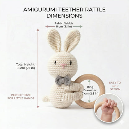 Handmade Crochet Bunny Wooden Teether Toy for Babies | Soft Cotton Knitted Rabbit with Natural Wooden Ring | BPA Free Baby Rattle & Sensory Toy