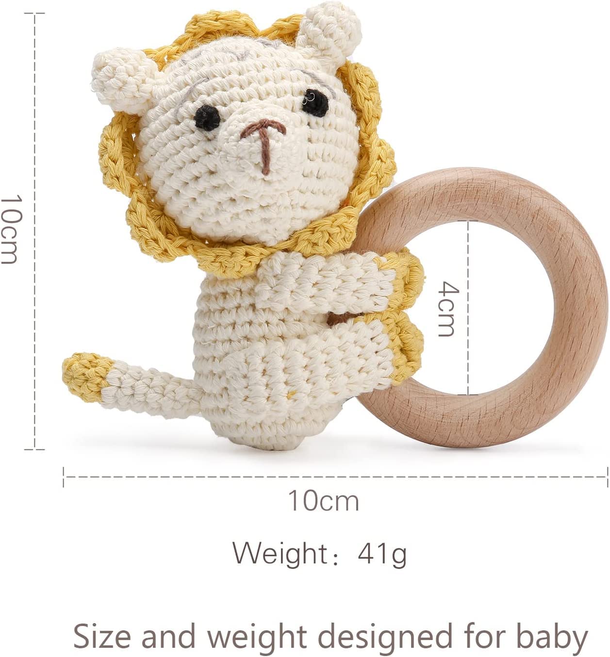 Wooden Baby Rattle Crochet Lion Baby Toys Handmade Newborn Toy Early Development Grips Stuffed Animal Organic Rattle (Lion)