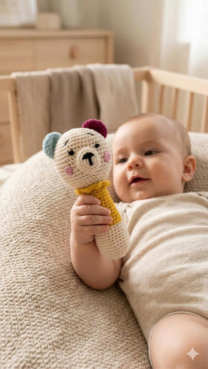 Handmade Crochet Bear Baby Rattle Toy | Soft Cotton Knitted Infant Sensory Toy | Made in India