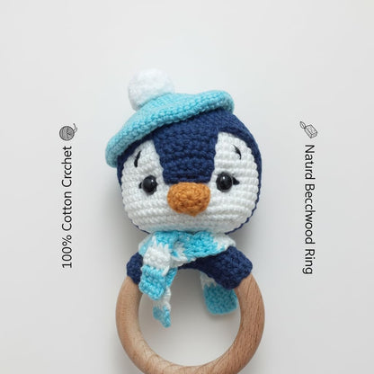 Handmade Crochet Penguin Wooden Ring Rattle | Organic Baby Teether Toy | Amigurumi Penguin Baby Gift